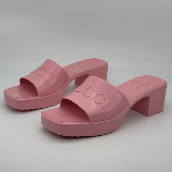 Gucci Double GG Logo Rubber Platform Block Heel Mules Slides Sandals Shoes - Picture 10 of 16